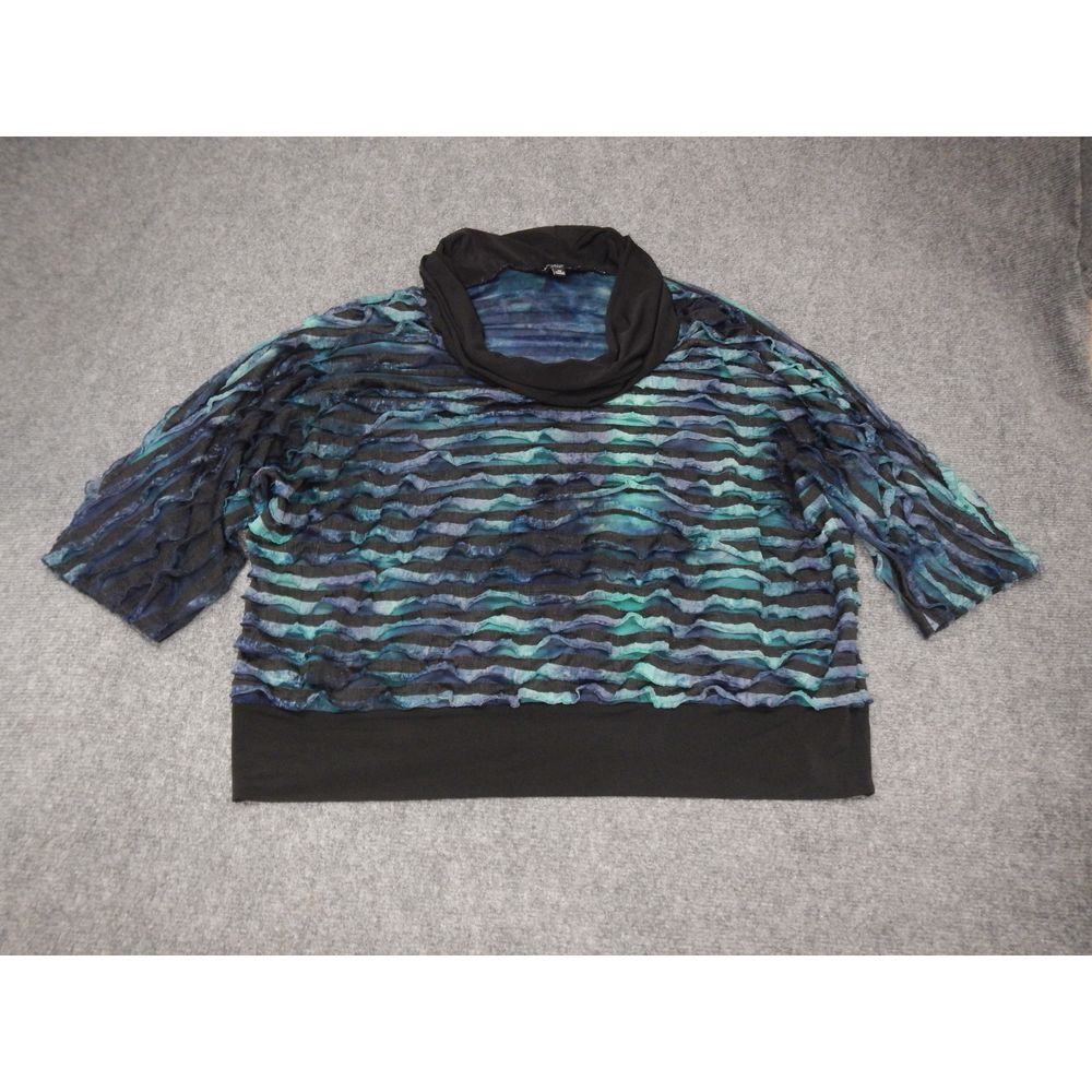 Notations Women's Textured Cowl Neck Top Plus Size 3X Teal Blue Black‎ Striped